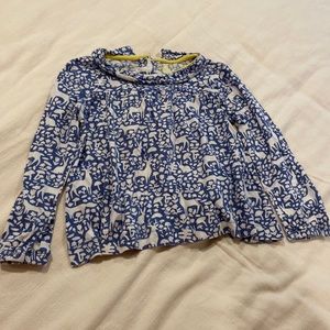 Boden blue and white animal long sleeve shirt with collar. Size 5-6. Girls.